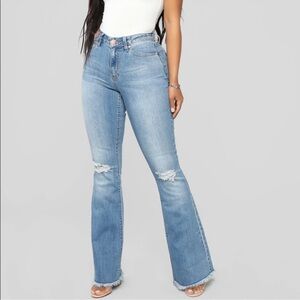 Fashion Nova Juniors Blue Flare Ripped Jeans Size 7